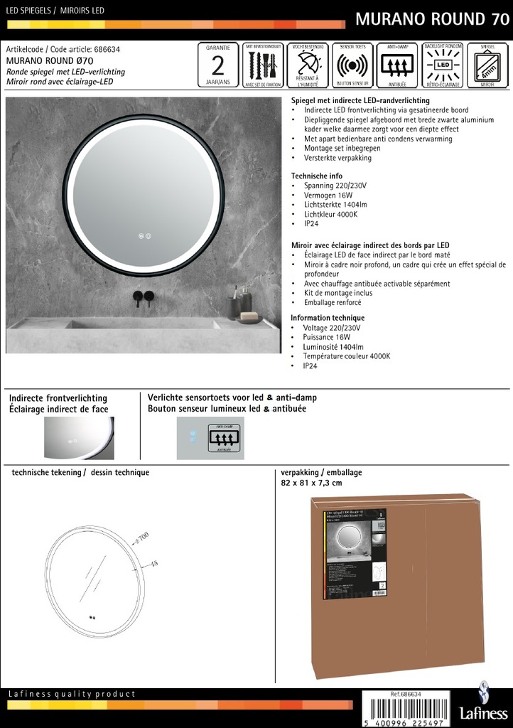 Lafiness Murano LED spiegel rond m/zwarte rand 70cm