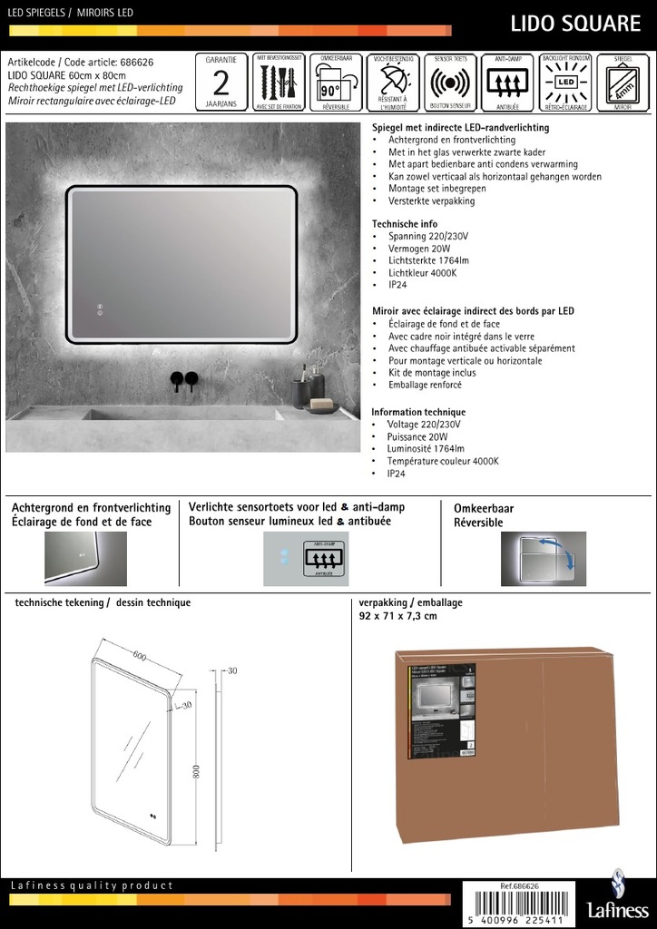Lafiness Lido LED spiegel square m/zwarte rand 60x80cm