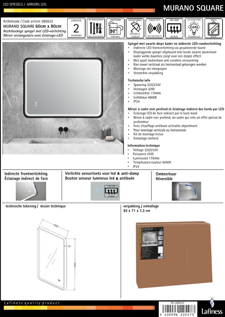 Lafiness Murano LED spiegel square m/zwarte rand 60x80cm
