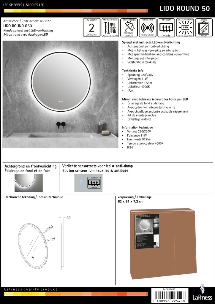 Lafiness Lido LED spiegel m/zwarte rand rond 50cm